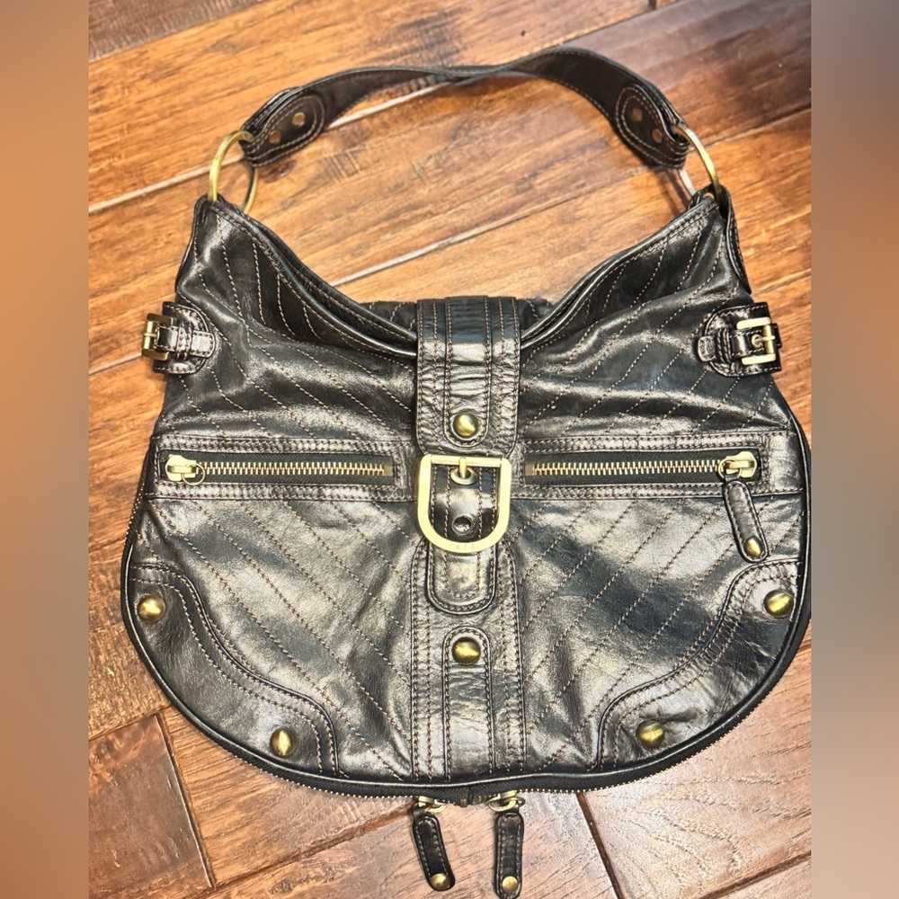 Rafe Black Leather Hobo Bag with Gold Accents